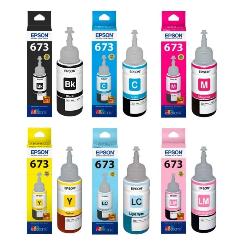 TINTA PRINTER EPSON 673/T673/T6731/ T6732/T6733/T6734/T6735/T6736 BLACK CYAN MAGENTA YELLOW LIGHT CYAN LIGHT MAGENTA HITAM BIRU MERAH KUNING MUDA BK C M Y LC LM ORIGINAL L805 L800 L850 L1800