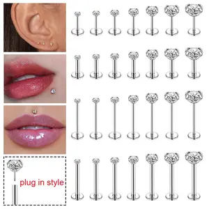 1 PC Silver Plug-in Style Lip Stud 316L Stainless Steel Helix Cartilage Piercing 1.5-6mm Cubic Zircon Labret Piercing