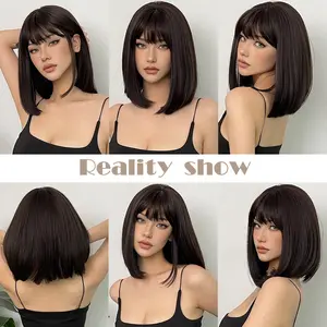 Short Black Brown Semi Human Natural Hair Wigs fOr Women Bob