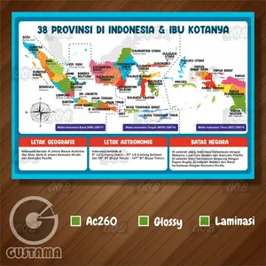 Poster Peta 38 Provinsi di Indonesia dan Ibu Kotanya, Poster Edukasi Laminasi A3