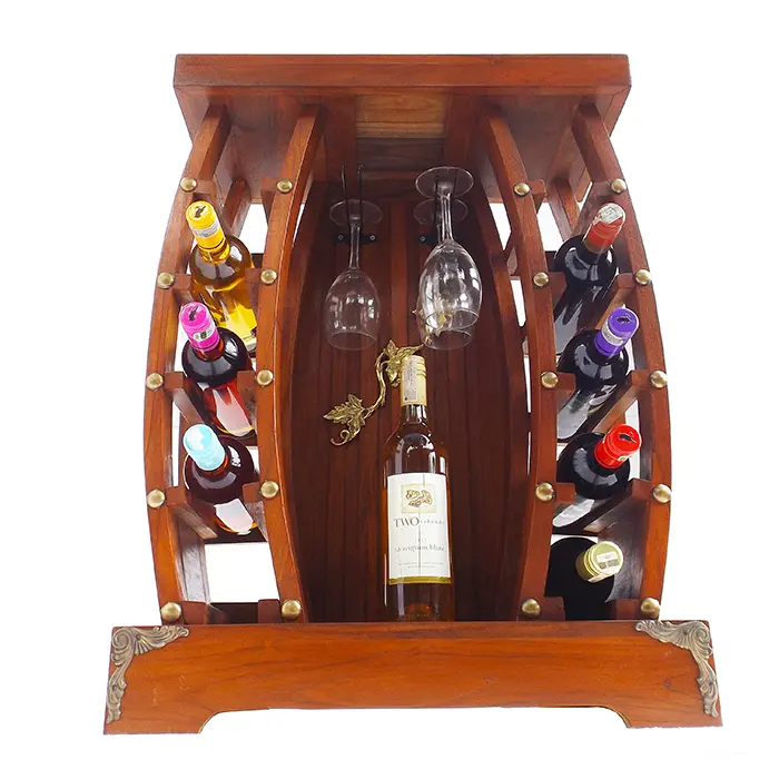 75 cm Teakwood Wine Display Rack / Rak Tontonan Wine Minuman - HWD1022 / Wine Barrel with Grape Vine Brass Applique & ClavosBrass Applique