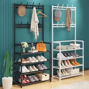 4 Layers Floor Coat Rack Shoe Rack and Hat Rack Wardrobe Household Integrated Shoe and Hat Rack Hanger Home Storage Shelf - Rak Sepatu Sandal Susun Furniture Plastik Stand Hanger Gantungan Baju Tas Topi