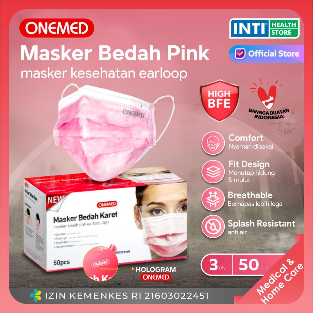 Onemed | Masker 3 Ply Earloop Pink | Masker Medis | Surgical Mask - PINK 50'S