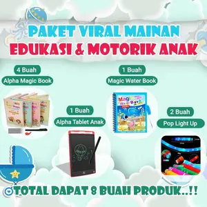 Alpha Paket Viral Mainan Edukasi & Motorik Anak 4 Buku Magic Book 1 Tablet LCD Drawing 1 Magic Water Book 2 Pop Light Total 8 Item Belajar Menggambar Membuat Tulisan Berhitung