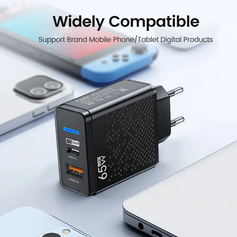 Kepala Charger Dual Port Universal 65W USB Type C USB A 3
