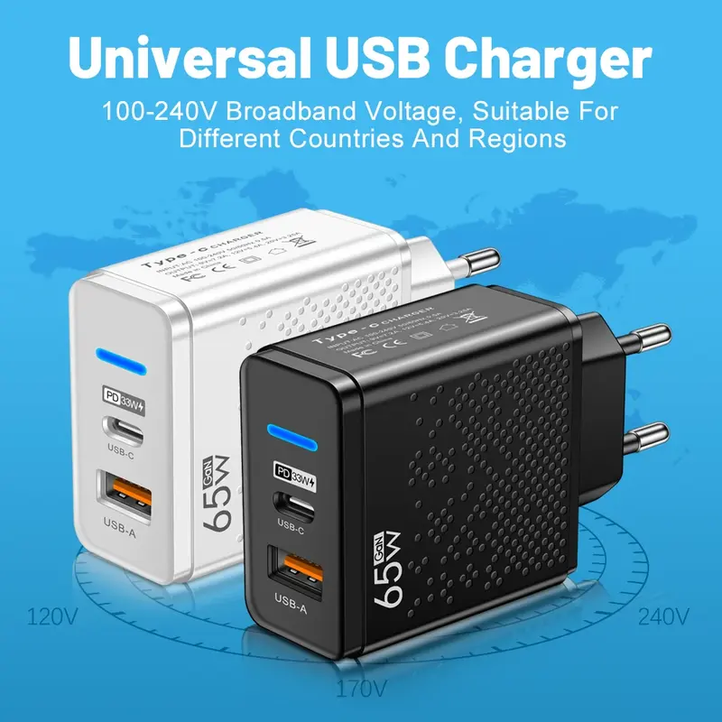 Kepala Charger Dual Port Universal 65W USB Type C USB A 2