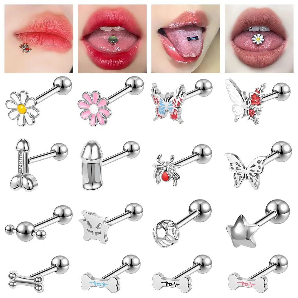 1 PC Tongue Piercing Punk Skull Tongue Ring 14G Stainless Steel Barbell Tongue Piercing Gothic Body Piercing Jewelry