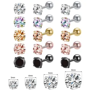 5 Pairs Colored Round Cz Crystal Stud Earrings Set 20G Black Gold Color Stainless Steel Helix Cartilage Piercings