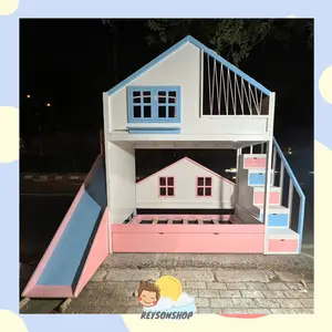 Reysonshop Playhouse Bunkbed Custom Kayu Solid Jati Belanda Kuat 200-300kg Ukuran 90/100/120x2m Anti Rayap Ongkir Gratis Dengan LED Dan Hiasan Dinding