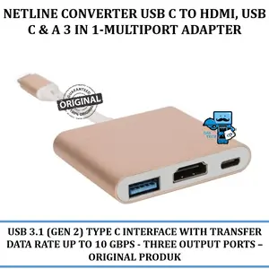 Netline Converter USB C To HDMI, USB C & A 3 In 1-Multiport Adapter