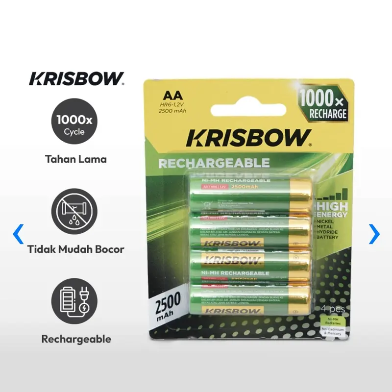 Krisbow Set Baterai Rechargeable Size Aa 2500 Mah 4 Pcs 0