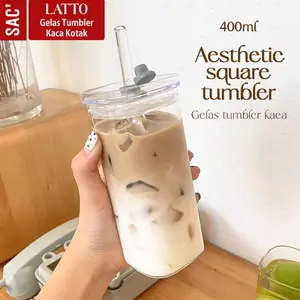 LATTO Gelas Kaca Aesthetic Gelas Kotak Minum Kopi Susu Jus Estetik Bening Transparan Transparent Glass Coffee Milk Juice Cup Set Plus Sedotan Kaca Tutup Plastik