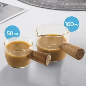 gelas takar gelas espresso gelas kopi coffee susu madu sloki One Two Cups Gelas Milk Jug Pitcher Handle Kayu Kopi Latte Art 50 ml 100 ml