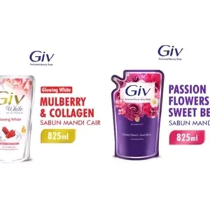 Giv Sabun Cair Refill 825ml - Glowing White Mulberry & Collagen & Passion Flowers Sweet Berry - Praktis & Mudah Digunakan - Tangan, Tubuh