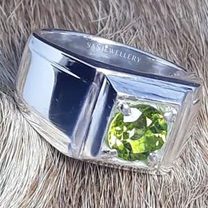 Cincin Perak 950 Pria EB04 – Ikat Batu Mulia Akik Permata Green Peridot | Custom Size Handmade Premium SAN950