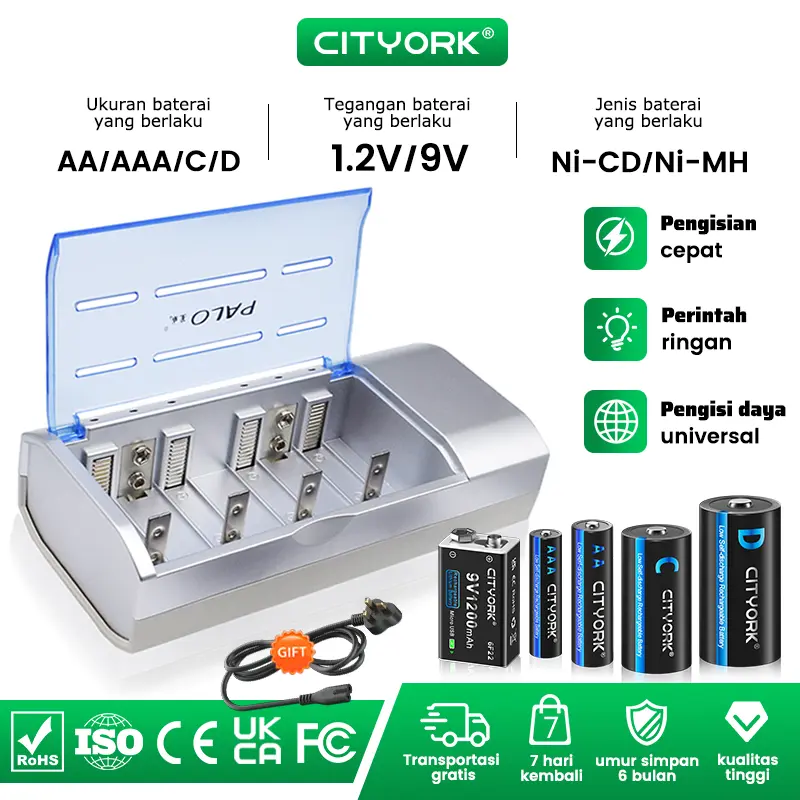 Cityork Pengisi Daya Baterai Cepat Universal 9V 1.2V AA AAA C D Szie Pengisi Daya Baterai Isi Ulang Cepat dengan Kabel Pengisi Daya Inggris