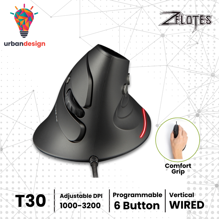 Gambar Zelotes T30 Ergonomic Vertical Wired Gaming Mouse | 6 Programmable Button | Up to 3200 DPI Ergonomis dari Urban Design Indonesia Kota Administrasi Jakarta Timur Tokopedia