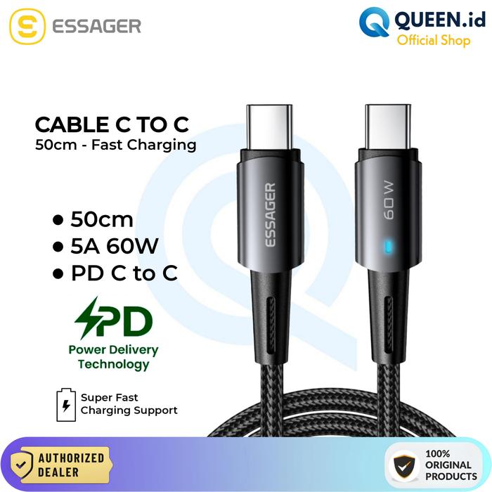 Gambar Essager Kabel Data Charger USB TYPE C To C 50cm 3A 60W PD Super Fast Charging Nylon Braided dari Queen-id Kab. Tangerang Tokopedia