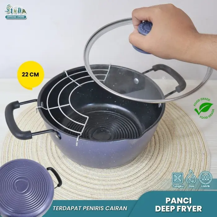 Panci Penggorengan 22cm Dengan Rak Tirisan dan Tutup Kaca Deep Fryer SDA