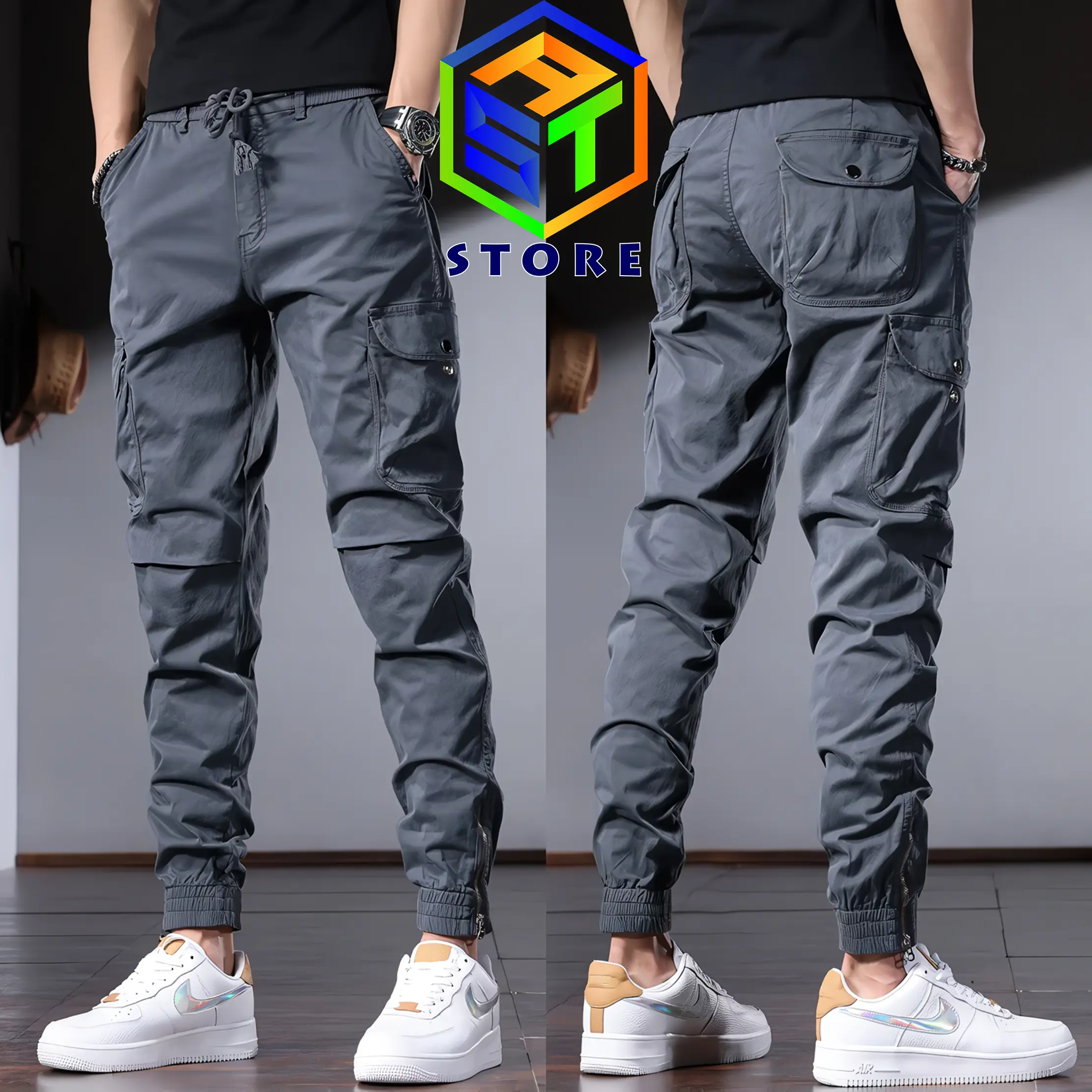 Celana Panjang Joger Cargo Combat Buttonzip Pria Wanita Bahan Twill Stretch Warna Dark Gray