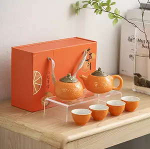 [LECORA] Japanese Chinese Ceramic Keramik Teaset Teapot Teko Cangkir  Orange Teaset isi 4 cup + 1 teapot + 1 Wadah Teh Tea Storagez