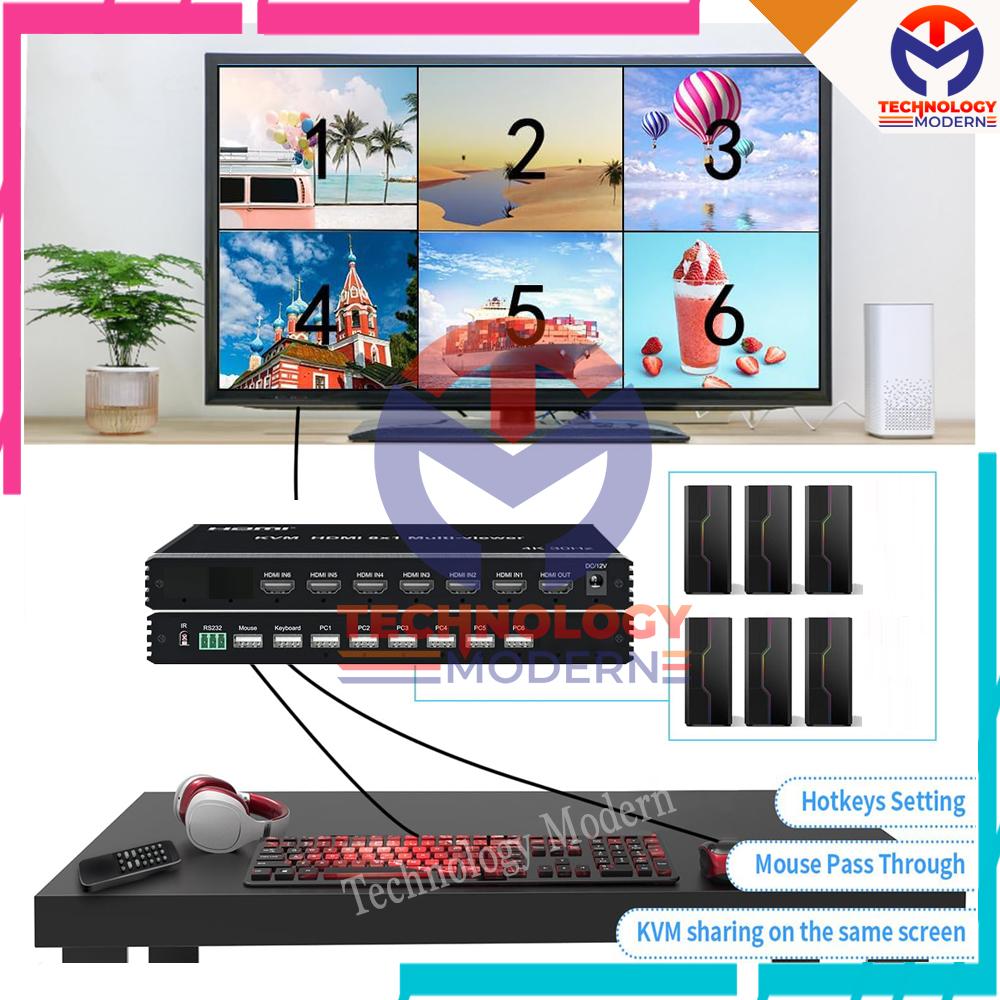 4K KVM Multiviewer 6x1 (6 Input 1 Output) Seamless Switching Support Mouse & Keyboard