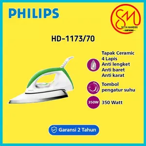 PHILIPS HD-1173 Setrika Kering Classic 350 W dengan Tapak Keramik Anti Lengket & Kabel 1.7 Meter Garansi Resmi 2 Tahun Listrik Stainless Steel