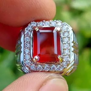Cincin batu asli natural Hessonite garnet permata kotak merah