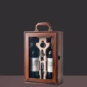 Gift Wine Box Portabel Dengan 3 Buah Alat Minum Kotak Kado Hardbox Kayu Buka Kotak Hadiah Anggur Jendela