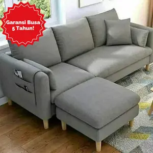 Sofa L dan Pouf Busa Furniture Kayu. Raung Tamu dan Ruang Keluarga