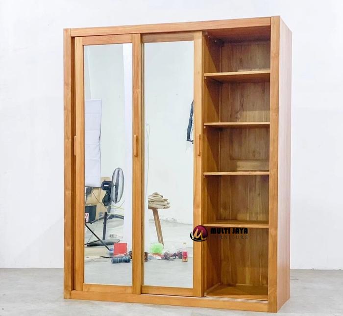 Gambar Lemari Pakaian Jati 3 Pintu Sliding Lemari Baju Kayu Jati Terbaru dari Multi Jaya Furniture_NEW Kab. Jepara Tokopedia