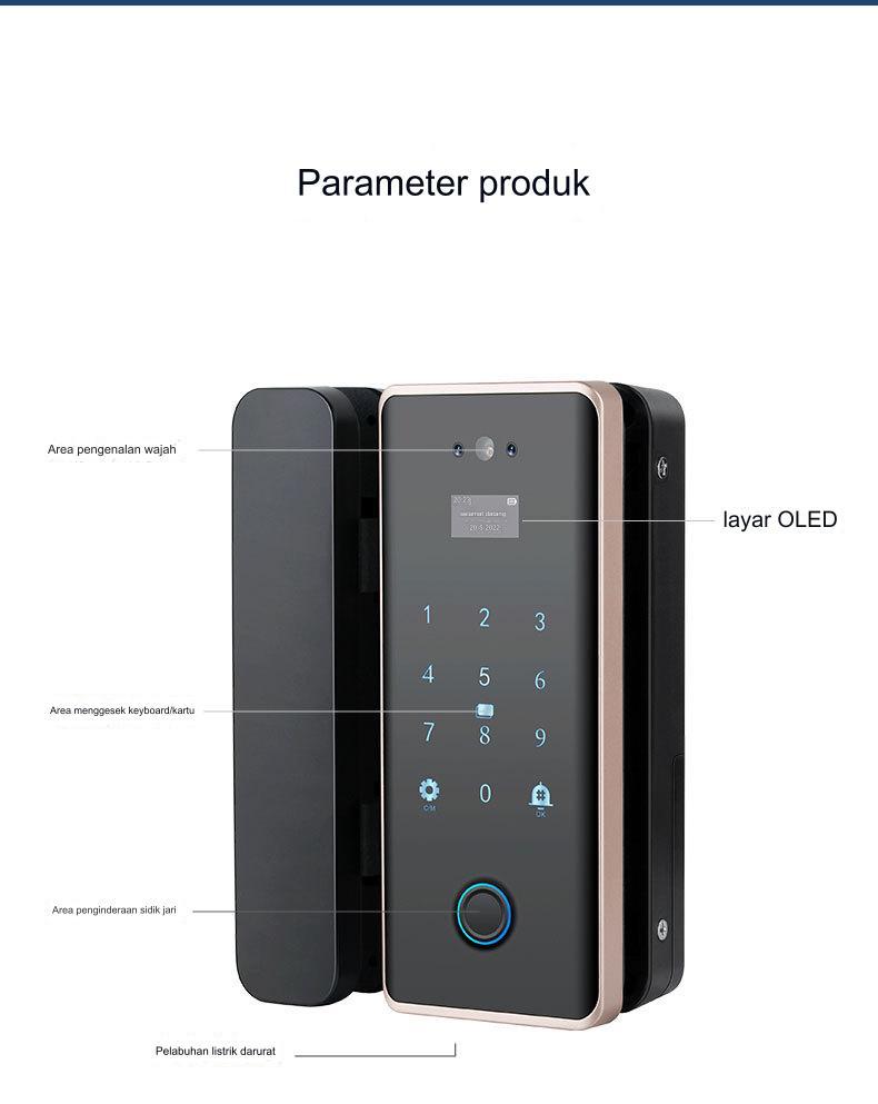 Kunci Pintu Kaca Pintar dengan Pengenal Wajah - Hitam / Facial recognition smart glass door lock