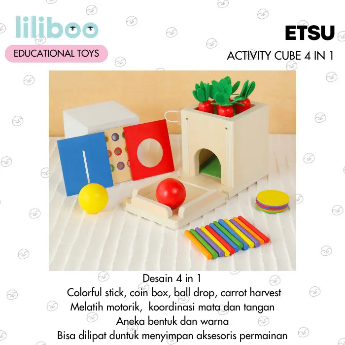 LILIBOO ETSU Mainan Edukasi Anak Montessori Kayu Activity Cube 4in1 Clearance 0