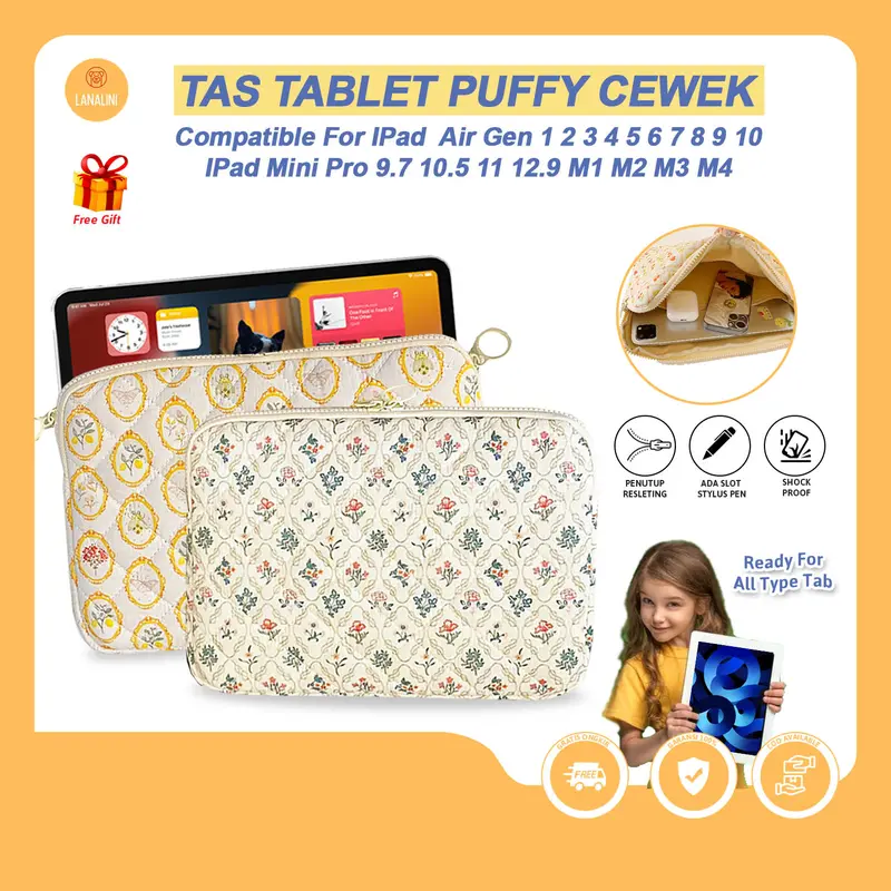 Tas Sleeve Case iPad Air 6 M2 Pro 11 Inch M4 Chip 2024 Tablet Pouch Puffy Aesthetic Flower 0