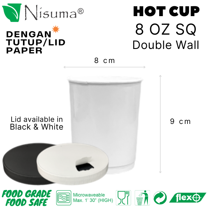 Jual HOT CUP DOUBLE WALL 8 OZ SQ PLAIN + LID PAPER - 50 PCS - Hitam ...