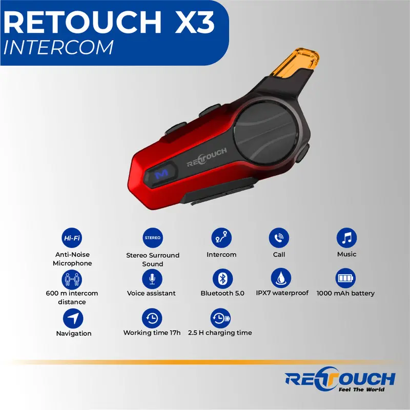 RETOUCH X3 INTERCOM BLUETOOTH HELMET CALL MUSIC PLAYER WATERPROOF 0