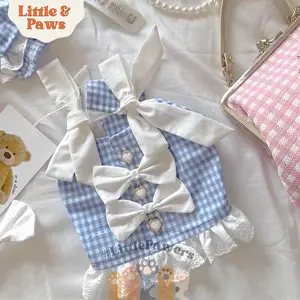 Jenny Ribbon Dress Princess Blue Plaid Suspender Skirt Pet Dog Cat Clothes Short Strap For Small Dogs Baju Anjing Kucing