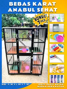 Kandang Kucing Alumunium 2 Pintu Kamar Tingkat Murah Kuat Kokoh Ukuran 90x60x120 cm Bonus 7 Pcs Litter Pup Tempat Makan Skop Pasir Tongkat Bulu