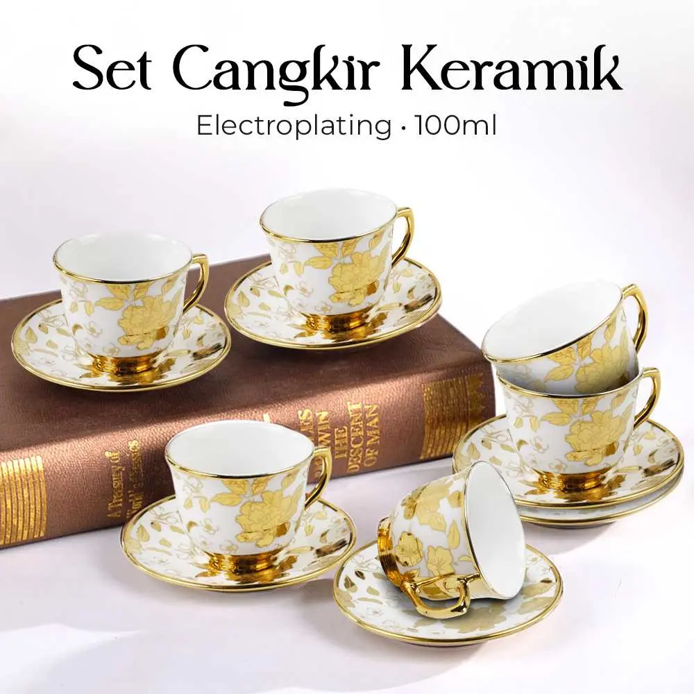 Hampers Parcel Kado Set Cangkir Tatakan Keramik Motif Tea Coffee Cup 6 in 1 Desain Elegan