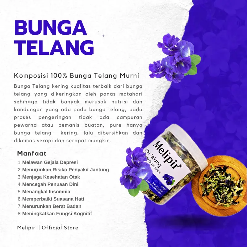 Bunga Telang Kering Murni 100% Original Melipir | Dried Butterfly Pea Flowers | Natural Organik 1