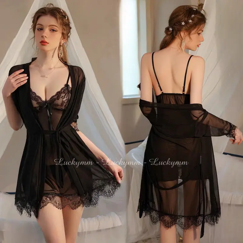 Luckymm - Satu Set Sexy Lingerie Kimono Transparan Baju Tidur sexy Wanita / sleepwear wanita 022 5