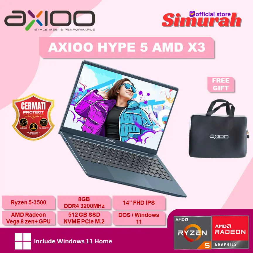 Axioo Hype 5 AMD X3 Ryzen 5-3500 Ram 8GB SSD 256GB 14" Full HD IPS DOS/Windows 11