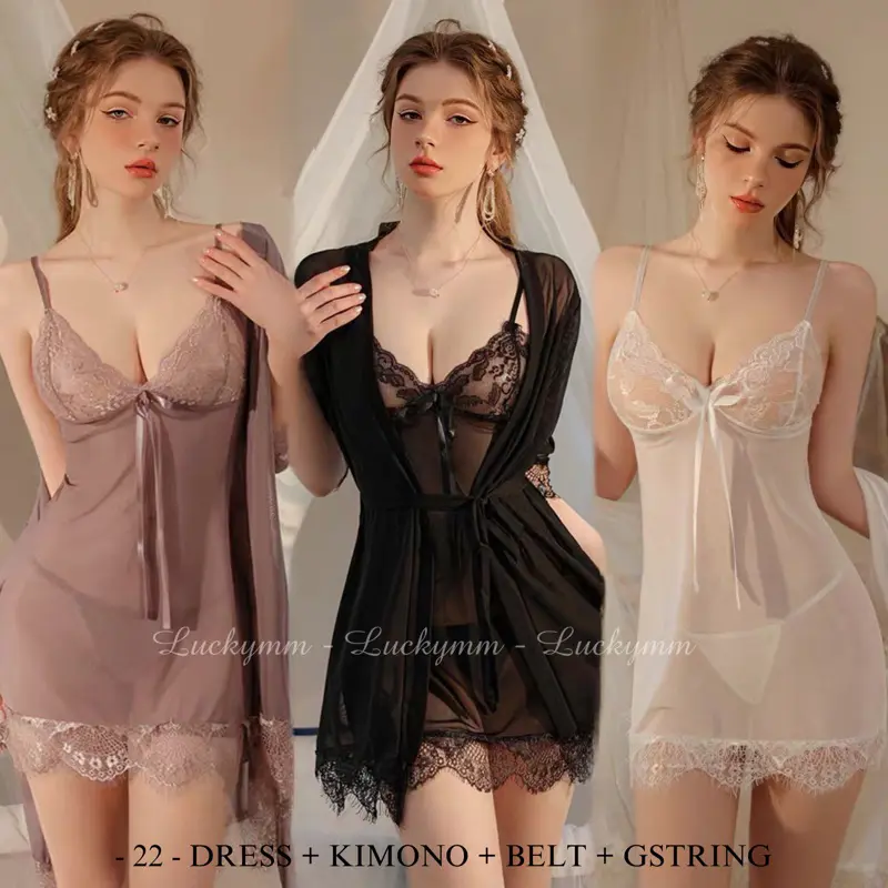 Luckymm - Satu Set Sexy Lingerie Kimono Transparan Baju Tidur sexy Wanita / sleepwear wanita 022 0