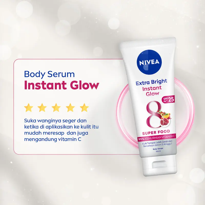 NIVEA Body Serum Extra Bright Instant Glow SPF 25 180ml - Handbody SPF lotion UV protection mencerahkan kulit kusam glowing brightening body care melembabkan kulit kering - UVA/UVB Filter, Vitamin C, Pearl Extract, tone up ringan, super food 6