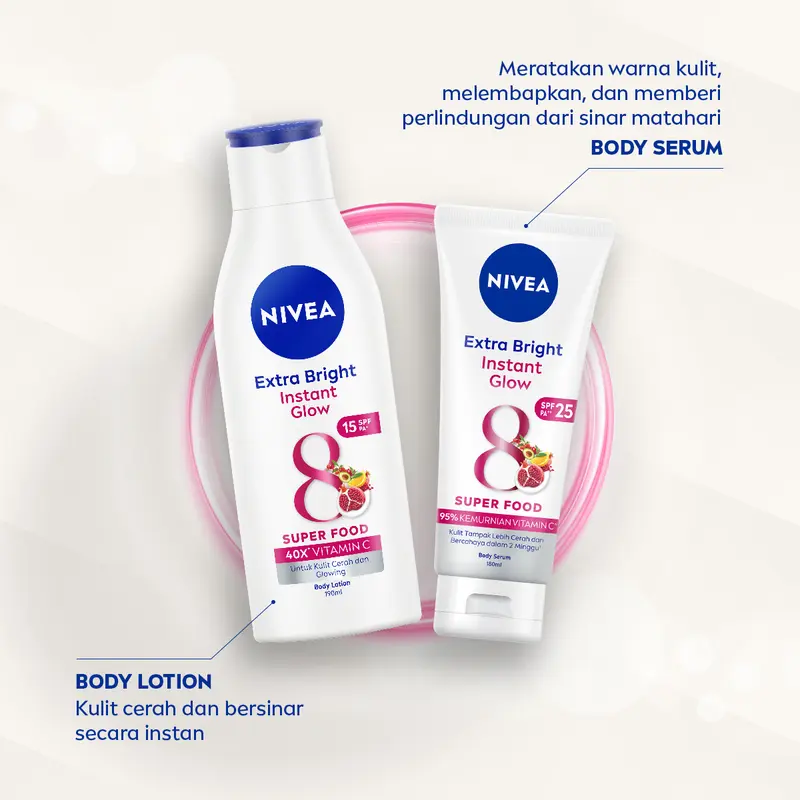 NIVEA Body Serum Extra Bright Instant Glow SPF 25 180ml - Handbody SPF lotion UV protection mencerahkan kulit kusam glowing brightening body care melembabkan kulit kering - UVA/UVB Filter, Vitamin C, Pearl Extract, tone up ringan, super food 7