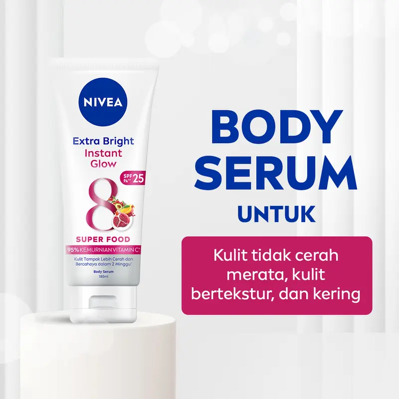 NIVEA Body Serum Extra Bright Instant Glow SPF 25 180ml - Handbody SPF lotion UV protection mencerahkan kulit kusam glowing brightening body care melembabkan kulit kering - UVA/UVB Filter, Vitamin C, Pearl Extract, tone up ringan, super food 1