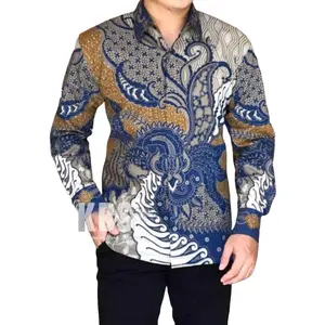 Baju Batik Pria Lengan Panjang Bramantya Biru Premium Katun + Furing Hitam Kain