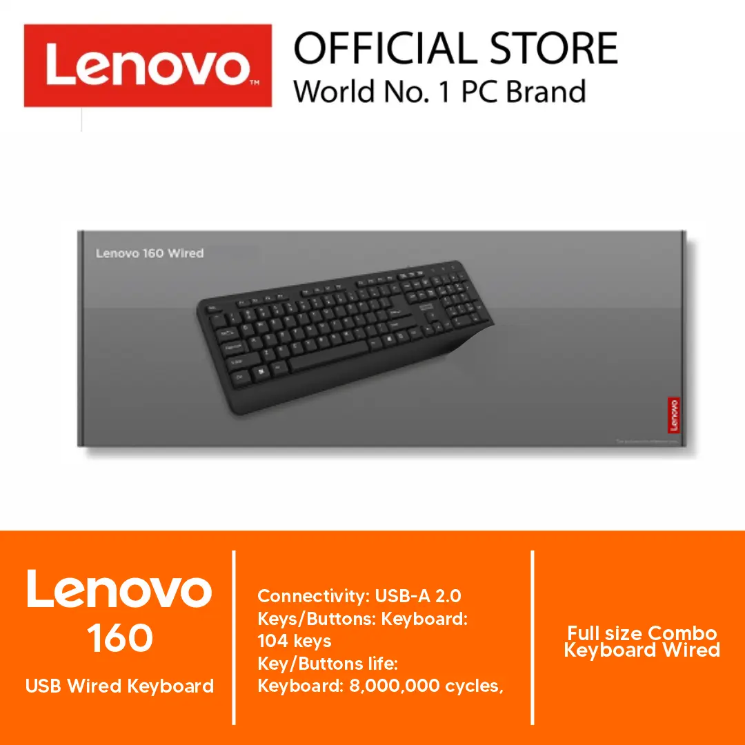 Lenovo 160 Wired Keyboard Full-Size USB A Cable - Garansi Resmi