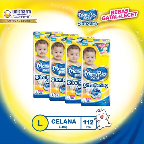 Gambar MamyPoko X-tra Kering L 28 - Popok Bayi Celana - 4 Packs Karton dari Unicharm Official Store Kab. Tangerang Tokopedia