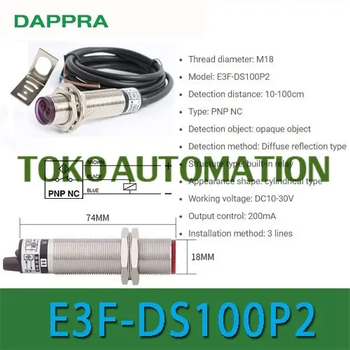 E3F-DS100P2 M18 100CM PNP NC Diffuse Reflection Photoelectric Sensor OH80